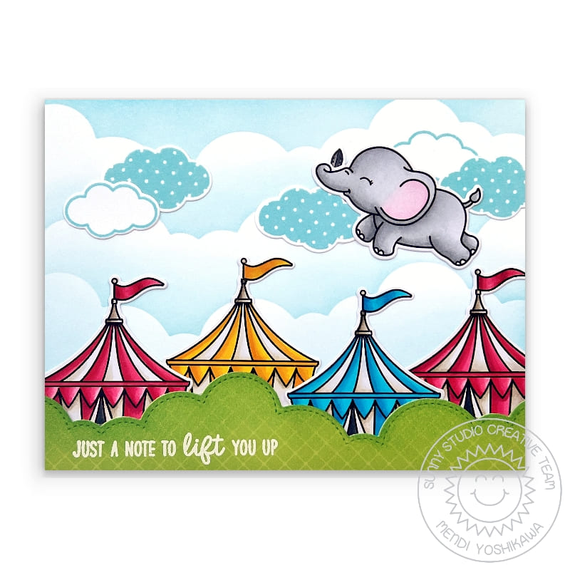Sunny Studio "A Note to Lift You Up" Dumbo Inspired Elephant Flying over Circus Tents Card using Baby Elephants Clear Stamps