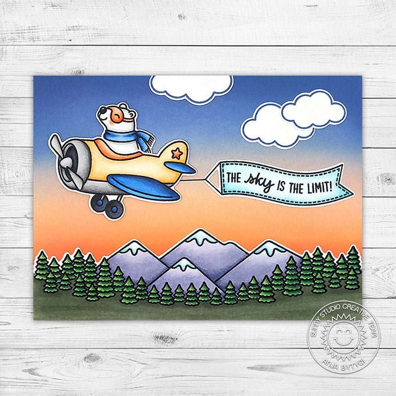 Sunny Studio The Sky Is The Limit Bear Flying Airplane over Mountains and Fir Trees Handmade Card (using Country Scenes 4x6 Outdoor Borders Clear Stamps)