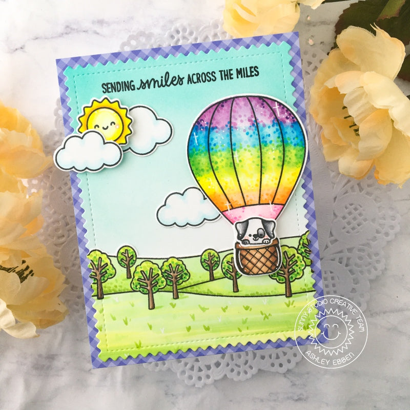 Sunny Studio Sending Smile Across the Miles Dog in Rainbow Hot Air Balloon flying over Tree Orchard Card (using Country Scenes Outdoor Border 4x6 Clear Stamps)