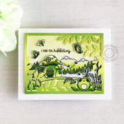 Sunny Studio I Find You Ribbeting Green Monochromatic Woodland Forest  Themed Handmade Card (using Country Scenes Border 4x6 Clear Stamps)