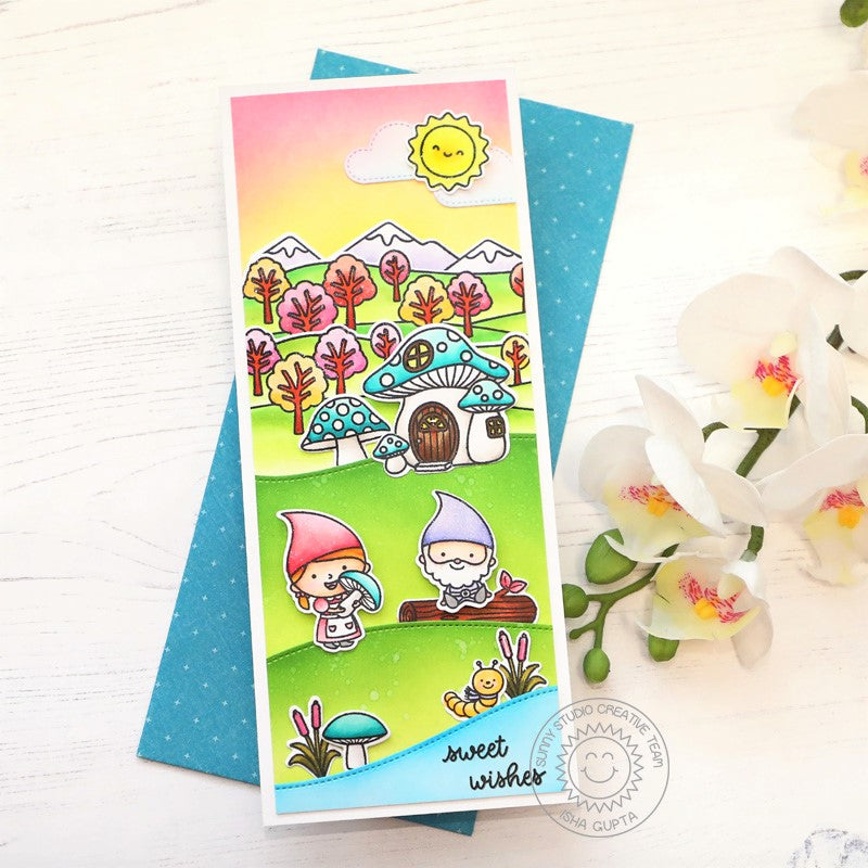 Sunny Studio Gnomes with Pink Trees Fairytale Themed Handmade Slimline Card (using Country Scenes Border 4x6 Clear Stamps)