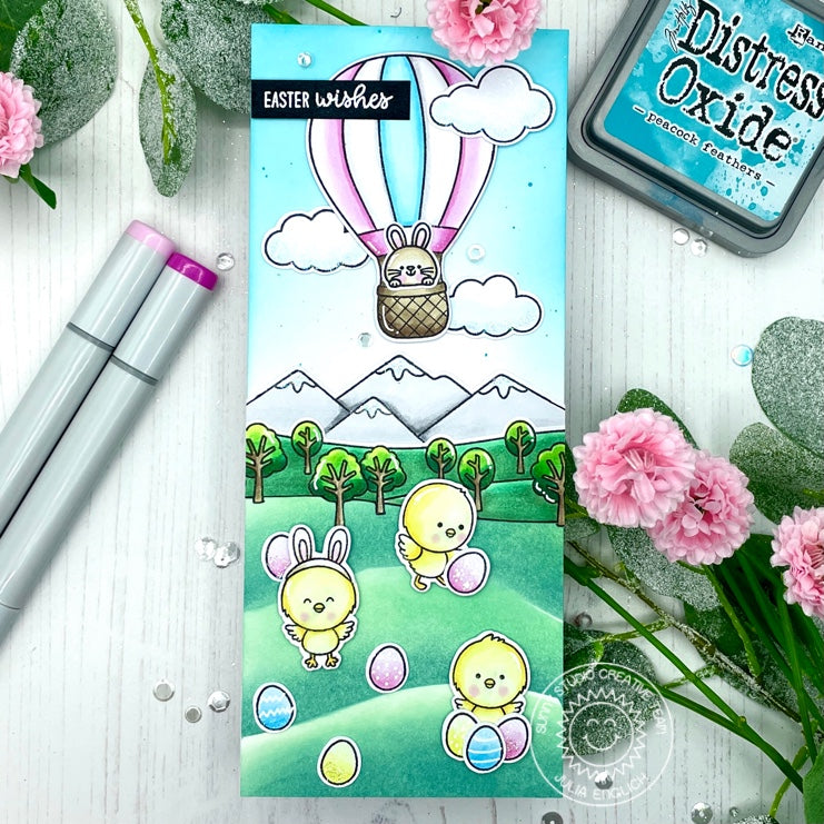 Sunny Studio "Easter Wishes" Hot Air Balloon Flying over Mountains, Trees & Chicks with Egg Hunt Slimline Card (using Country Scenes Outdoor Border 4x6 Clear Stamps)