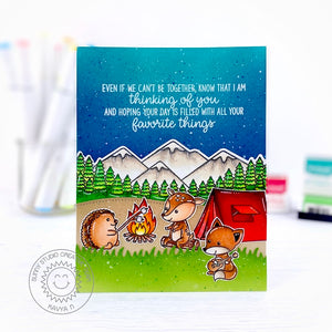 Sunny Studio "Even If We Can't Be Together, Know that I'm thinking of you and hoping your day is filled with all your favorite things" Critters Camping Card (using Inside Greetings Birthday Stamps)