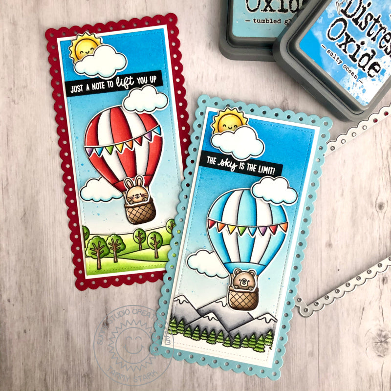 Sunny Studio The Sky Is The Limit Hot Air Balloon with Purple Fluffy Clouds Slimline Card using Balloon Rides Clear Stamps