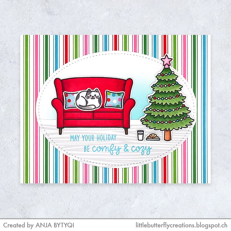 Sunny Studio Stamps May Your Holiday Be Comfy Cat on Sofa Couch with Tree Christmas Card using Stitched Oval 2 Cutting Dies