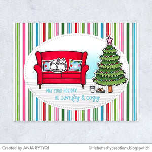 Sunny Studio May Your Holiday Be Comfy Cat on Sofa Couch with Tree Handmade Card (using Cozy Christmas Clear Stamps)