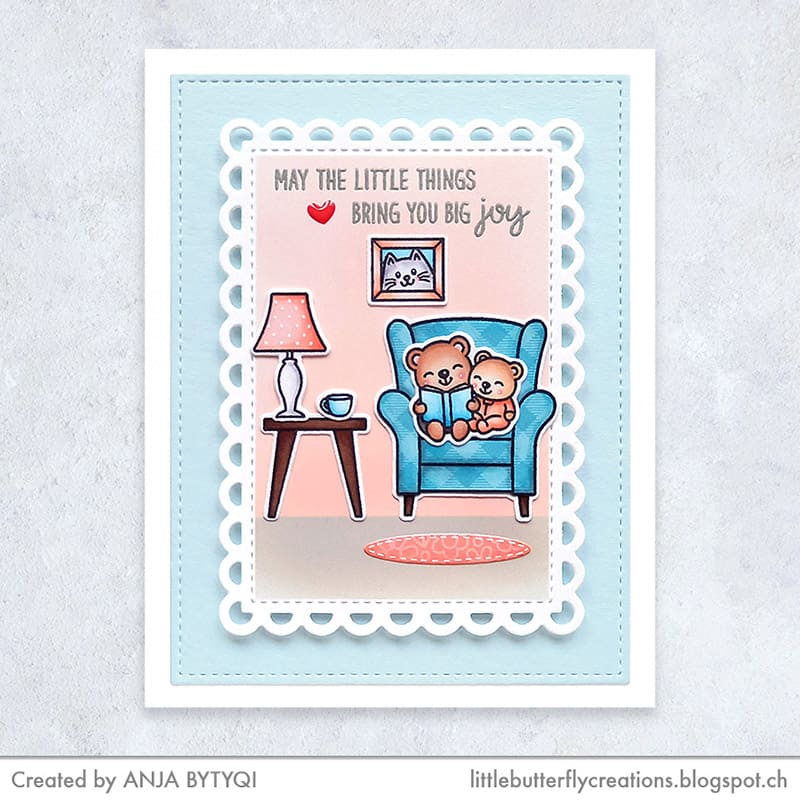 Sunny Studio Stamps Bears Reading Book in Chair with Table Lamp Scalloped Card using Mini Mat & Tag 3 Metal Cutting Dies