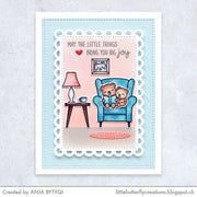 Sunny Studio May The Little Things Bring You Big Joy Bears Reading Book in Armchair with Table Lamp Card (using Cozy Christmas Clear Stamps)