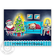 Sunny Studio Santa Claus with Bear Sleeping on Sofa Christmas Eve Holiday Scene Card (using Cozy Christmas Clear Stamps)