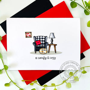 Sunny Studio Clean & Simple CAS Comfy Checked Armchair with Cat & Table Lamp Card (using Cozy Christmas Clear Stamps)