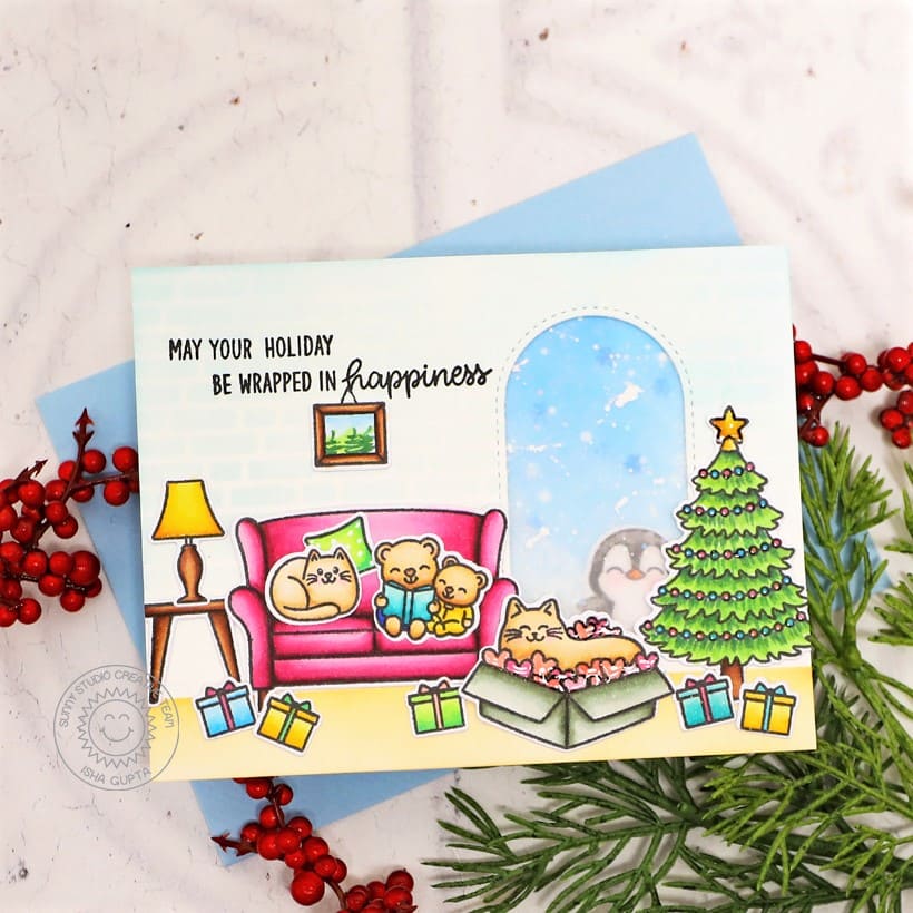Sunny Studio Mama Bear Reading Story on Sofa with Gifts, Cats & Holiday Tree Card (using Cozy Christmas 4x6 Clear Stamps)