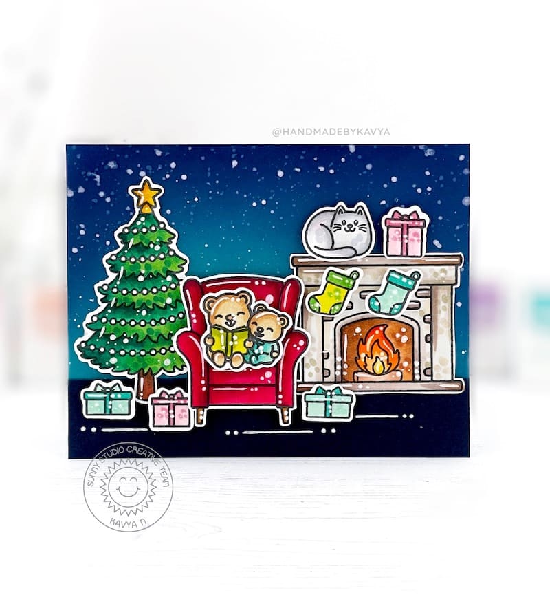 Sunny Studio Mama Bear Reading Story in Armchair with Holiday Tree & Fireplace Card (using Cozy Christmas 4x6 Clear Stamps)
