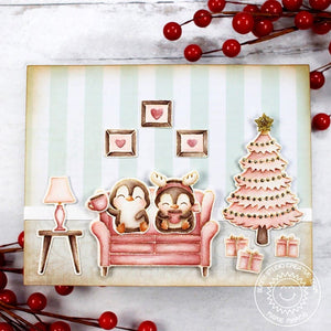Sunny Studio No Line Coloring Penguins Drinking Hot Cocoa on Sofa by Pink Holiday Tree Card (using Cozy Christmas Stamps)