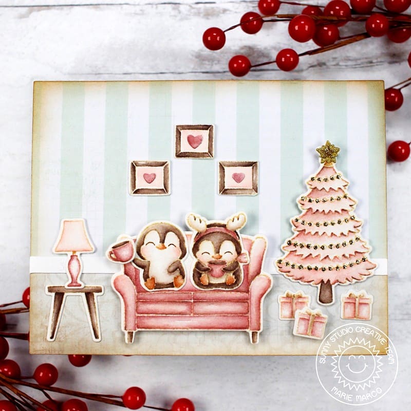 Sunny Studio No Line Coloring Penguins Drinking Hot Cocoa on Sofa by Pink Christmas Tree Card (using Penguin Party Stamps)