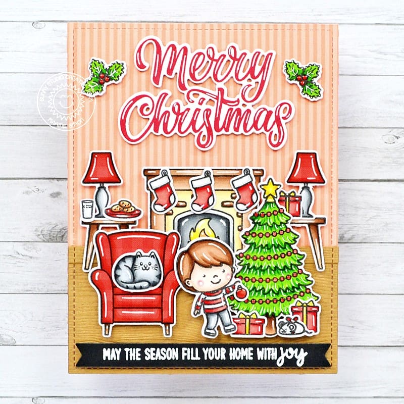 Sunny Studio Decorating Holiday Tree with Fireplace & Armchair Living Room Scene Card (using Cozy Christmas 4x6 Clear Stamps)