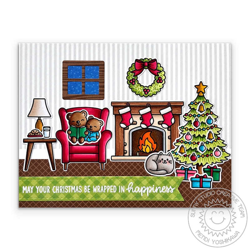 Sunny Studio May Your Christmas Be Wrapped in Happiness Reading Book in Armchair by Fireplace & Holiday Tree Card (using Cozy Christmas Clear Stamps)