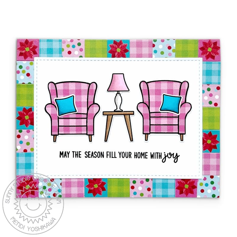 Sunny Studio Patchwork Paper-pieced Chair Armchair Handmade Card (using Cozy Christmas 4x6 Clear Stamps)