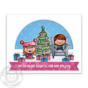 Sunny Studio Kids sitting around Christmas Tree with Armchair Handmade Holiday Card (using Fall Kiddos 4x6 Clear Stamps)