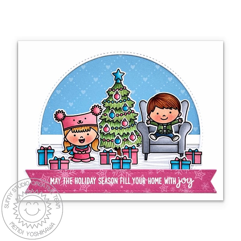 Sunny Studio Kids sitting around Tree with Armchair & Gifts Handmade Holiday Card (using Cozy Christmas 4x6 Clear Stamps)