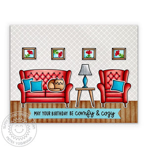 Sunny Studio "May Your Birthday be Comfy & Cozy" Cat Curled Up in Red Chair & Sofa Card (using Cozy Christmas 4x6 Clear Stamps)