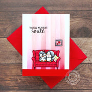 Sunny Studio Penguin Couple Sitting on Red Sofa Couch You Make My Heart Smile Love Card (using Cozy Christmas Clear Stamps)
