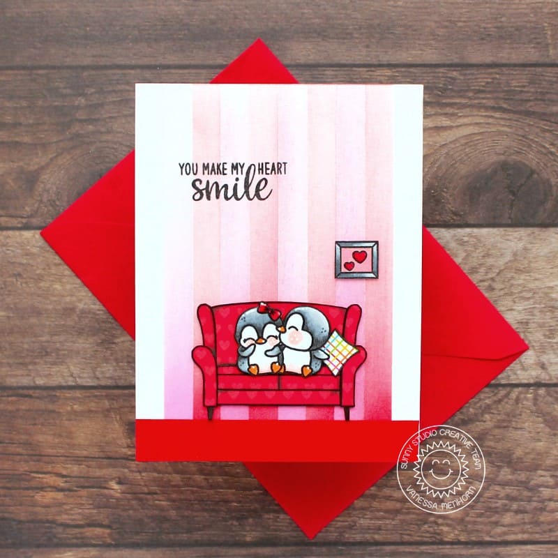 Sunny Studio Penguin Couple Sitting on Red Sofa Couch You Make My Heart Smile Love Card (using Cozy Christmas Clear Stamps)