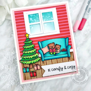 Sunny Studio Bears Reading Story Book on Sofa by Tree Striped Christmas Scene Card (using Joyful Holidays 6x6 Paper Pad)