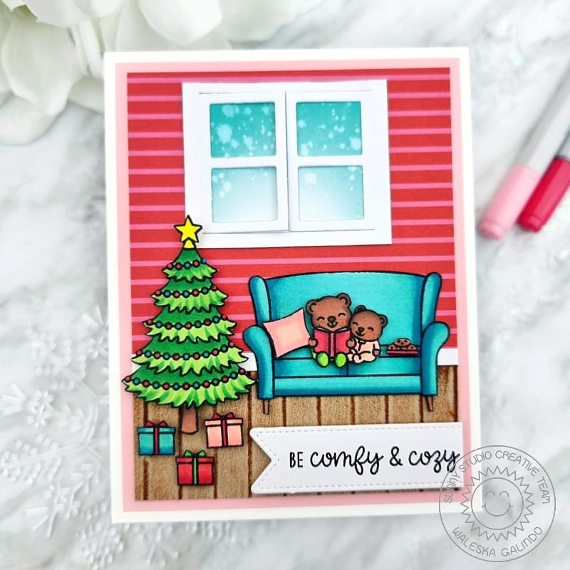 Sunny Studio Bears Reading Story Book on Sofa by Tree Handmade Holiday Scene Card (using Cozy Christmas 4x6 Clear Stamps)