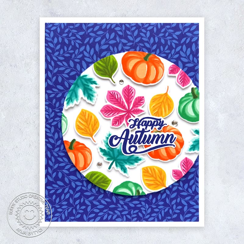 Sunny Studio Stamps Happy Autumn Fall Leaves & Pumpkins Colorful Card (using Sweater Weather 6x6 Patterned Paper Pad)