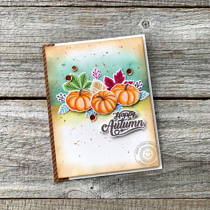 Sunny Studio Happy Autumn Fall Leaves & Layered Pumpkins Card (using Crisp Autumn 4x6 Clear Stamps)
