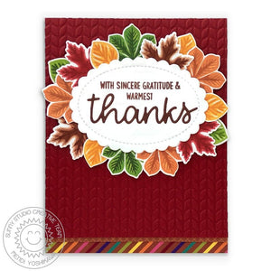 Sunny Studio Stamps Warmest Thanks Layered Leaves Cable Knit Embossed Fall Card using Scalloped Oval Mat 1 Metal Cutting Die
