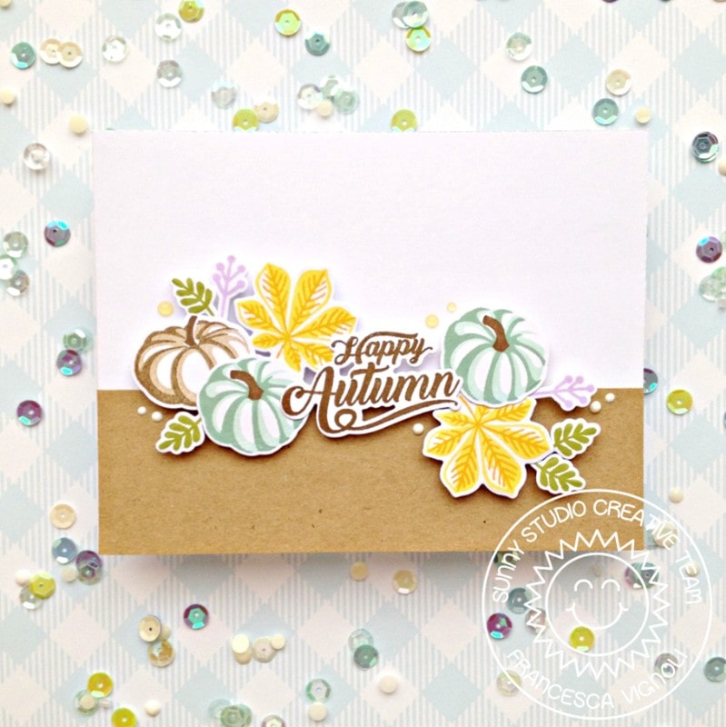 Sunny Studio Happy Autumn Fall Pink & Aqua Pumpkins & Leaves Kraft Card (using Crisp Autumn 4x6 Clear Layering Stamps)