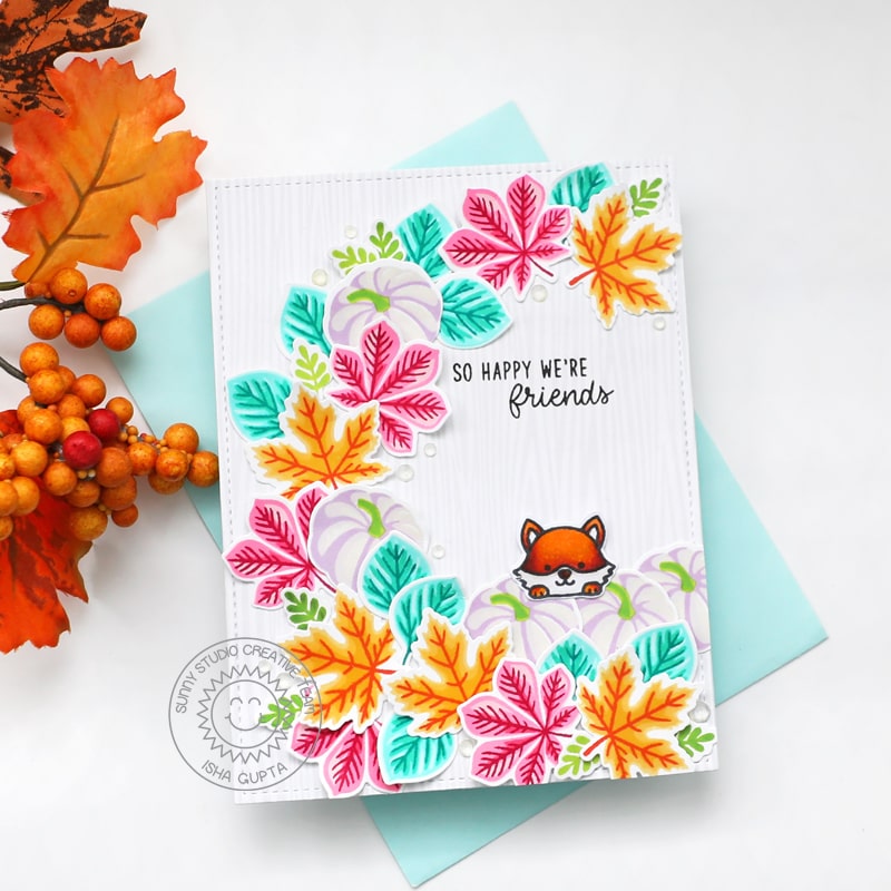 Sunny Studio Colorful Fall Pumpkins & Leaves Wreath Card (using Crisp Autumn 4x6 Clear Layering Stamps)