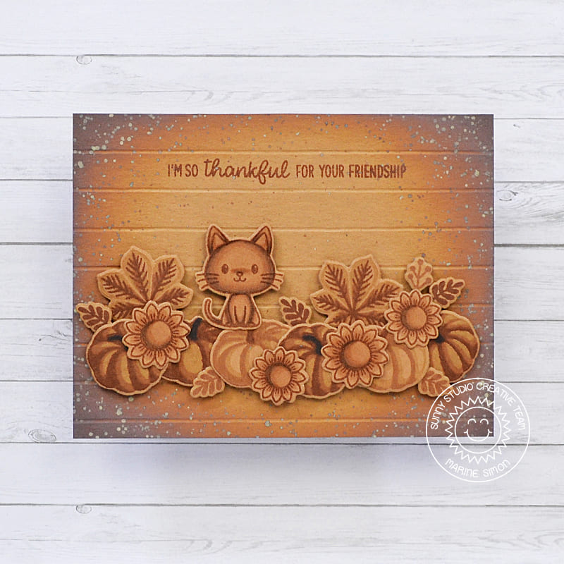 Sunny Studio Kitty Cat Monochromatic Fall Leaves & Pumpkins Friendship Card (using Crisp Autumn 4x6 Clear Layering Stamps)