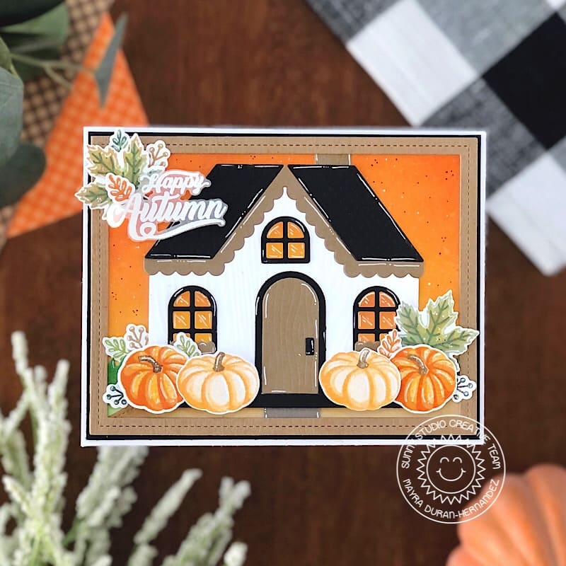 Sunny Studio Happy Autumn Fall House with Pumpkins on Porch Card (using Crisp Autumn 4x6 Clear Stamps)