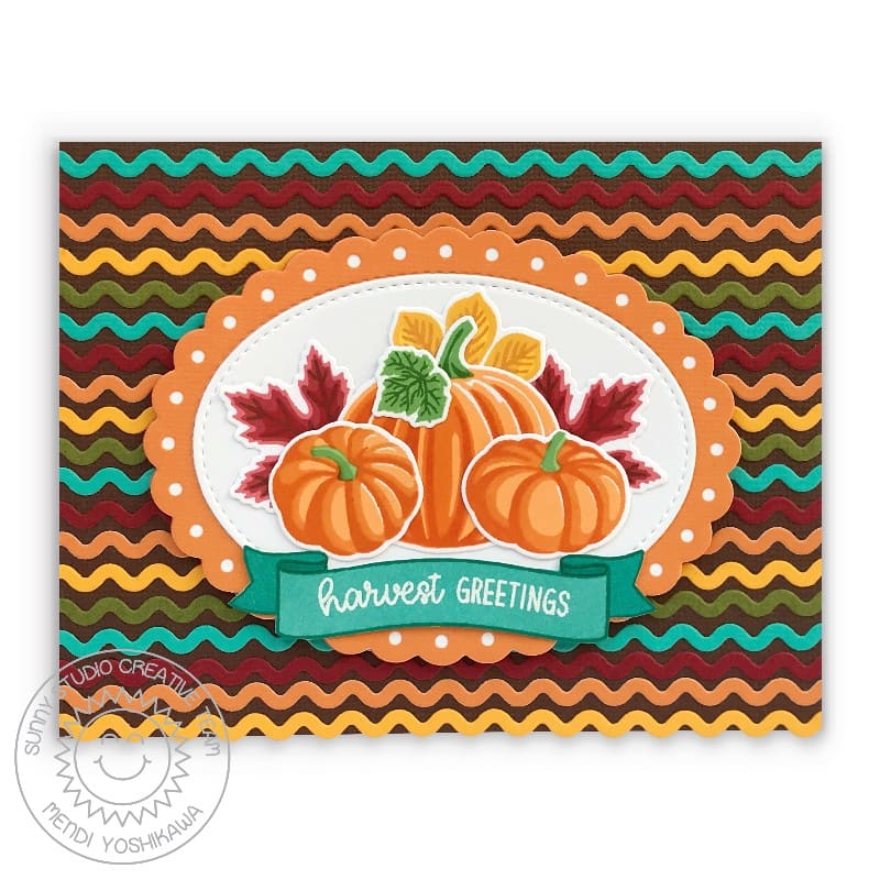 Sunny Studio Harvest Greetings Striped Layered Fall Pumpkins & Leaves Card (using Crisp Autumn 4x6 Clear Layering Stamps)