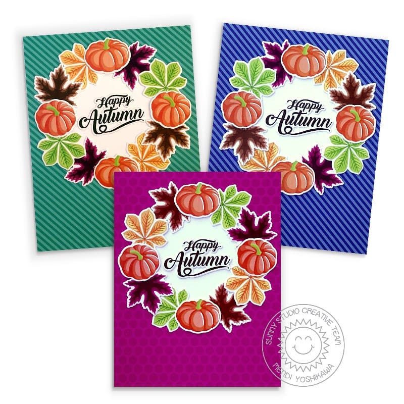 Sunny Studio Happy Autumn Fall Pumpkins & Leaves Wreath Card Set (using Crisp Leaves 4x6 Clear Stamps)