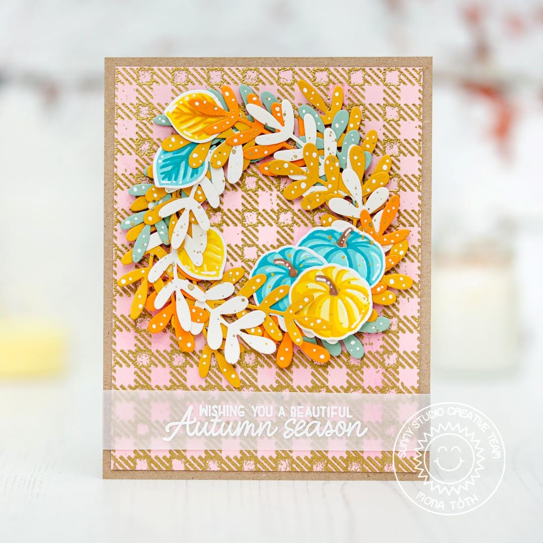 Sunny Studio Stamps Wishing You A Beautiful Autumn Season Pumpkin Wreath Card (using Buffalo Plaid 6x6 Embossing Folder)