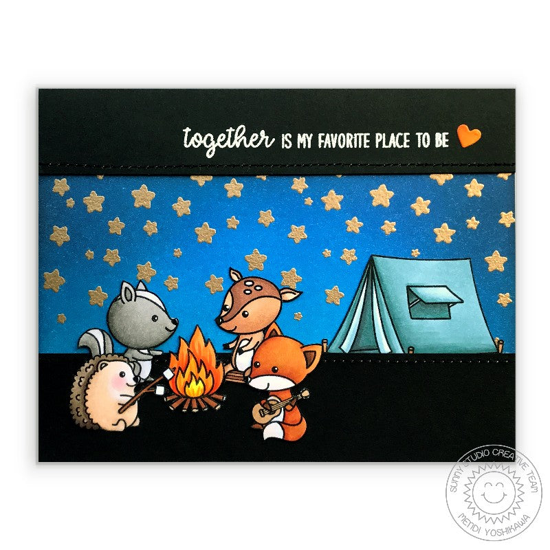 Sunny Studio Stamps: Cascading Stars Critter Campout Camping Card by Mendi Yoshikawa