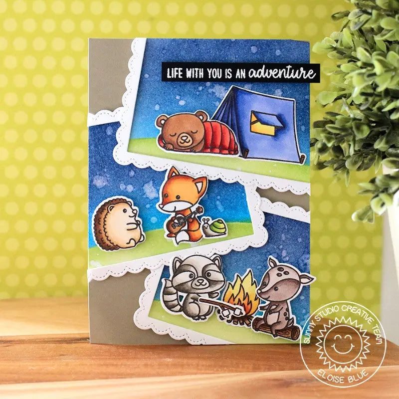 Sunny Studio Stamps Critter Campout Card by Eloise Blue (using Fancy Frames Stitched Scalloped Rectangle Dies)