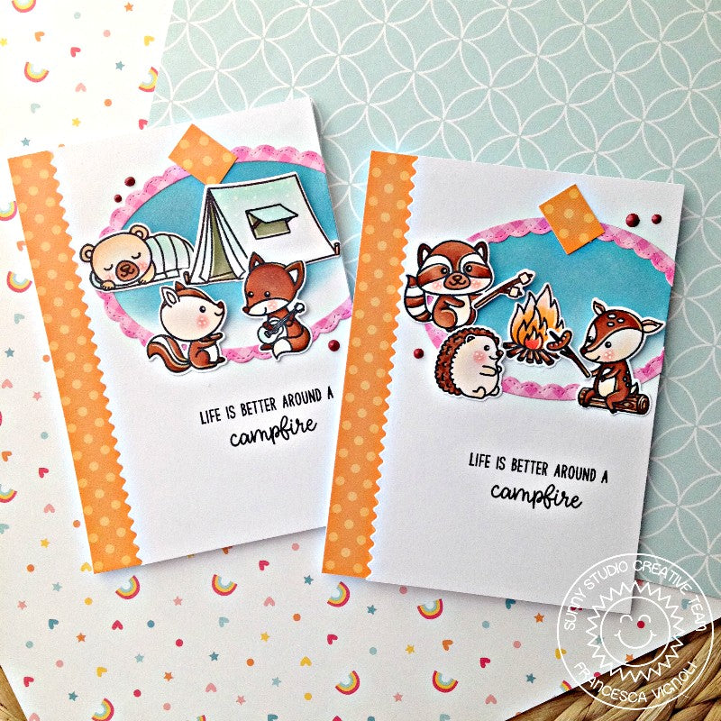 Sunny Studio Stamps Critter Campout Card featuring Orange Polka-dot Parade 6x6 Patterned Paper Pad