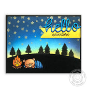 Sunny Studio Hello Adventure Camping Card using Cascading Stars Background Stamps