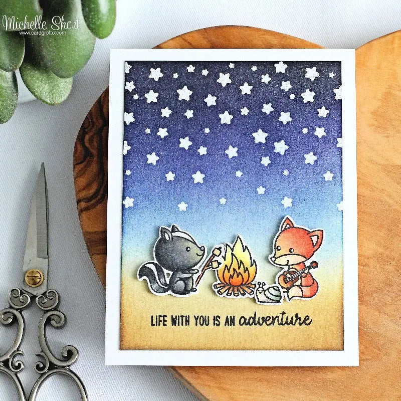 Sunny Studio Stamps Critter Campout Card with Starry Night Sky using Cascading Stars background stamp