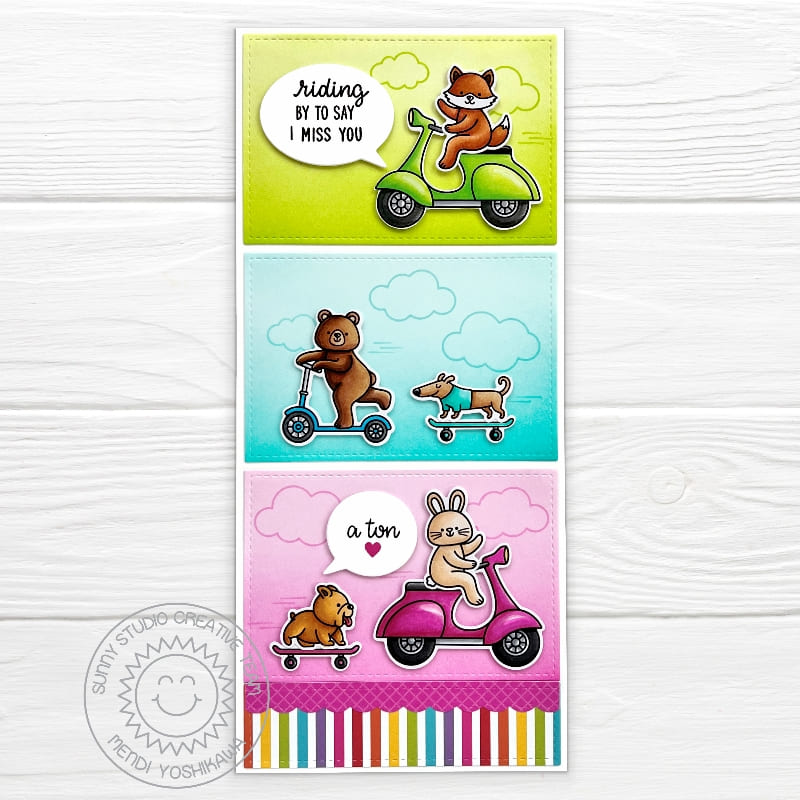 Sunny Studio Animals Riding Scooters & Skateboards Miss You Slimline Card (using Critters on the Go 4x6 Clear Stamps)