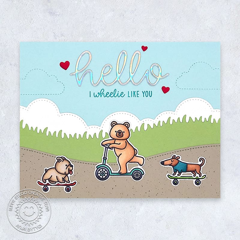 Sunny Studio I Wheelie Like You Punny Bears & Dogs on Skateboards & Scooter Card (using Critters on the Go Clear Stamps)