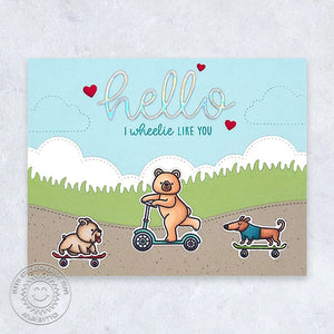 Sunny Studio Stamps I Wheelie Like You Punny Bears & Dogs on Skateboards & Scooter Card (using Hello Word Die)
