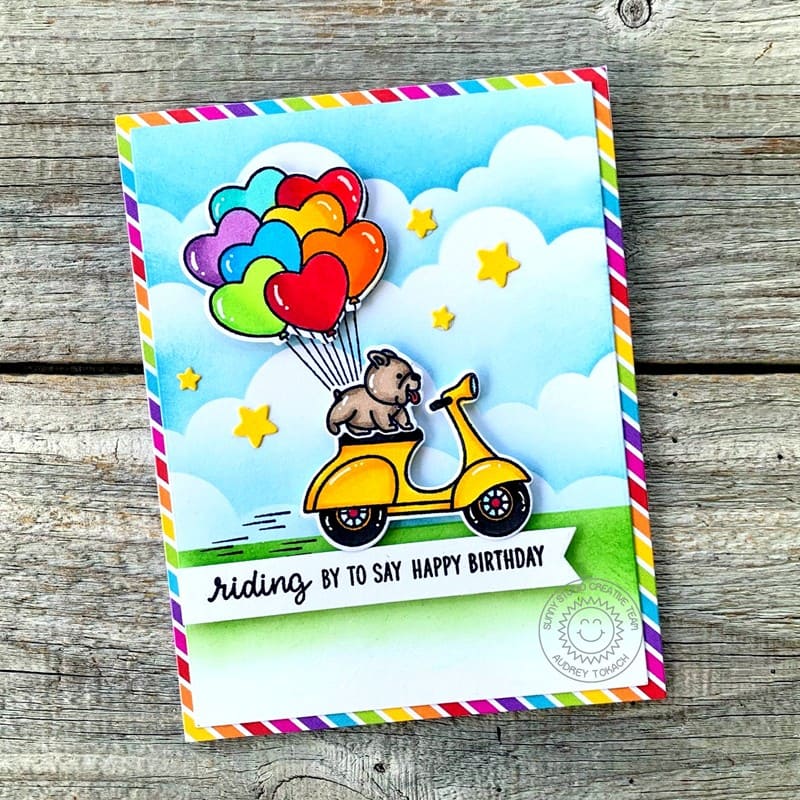 Sunny Studio Dog Riding Moped Scooter with Heart Balloons Birthday Card (using Critters on the Go 4x6 Clear Stamps)