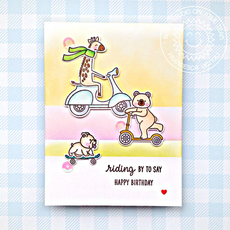Sunny Studio Giraffe & Bear Riding Scooter & Skateboarding Dog Birthday Card (using Critters on the Go 4x6 Clear Stamps)
