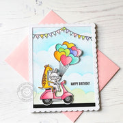 Sunny Studio Bunny & Giraffe Riding Scooter with Heart Balloons Birthday Card (using Heart Bouquet Clear Stamps)