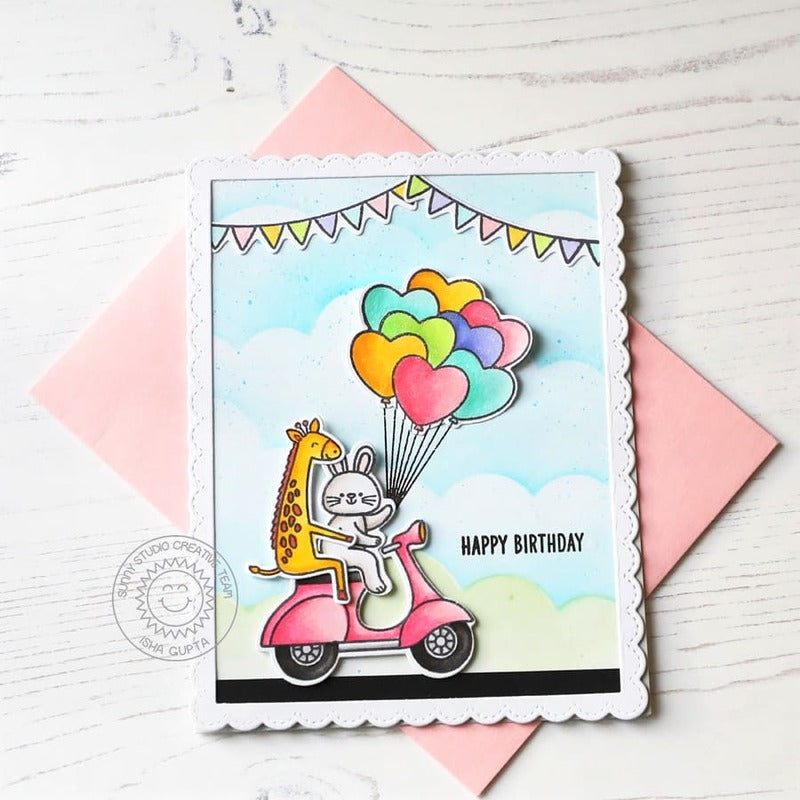 Sunny Studio Bunny & Giraffe Riding Scooter with Heart Balloons Birthday Card (using Heart Bouquet Clear Stamps)